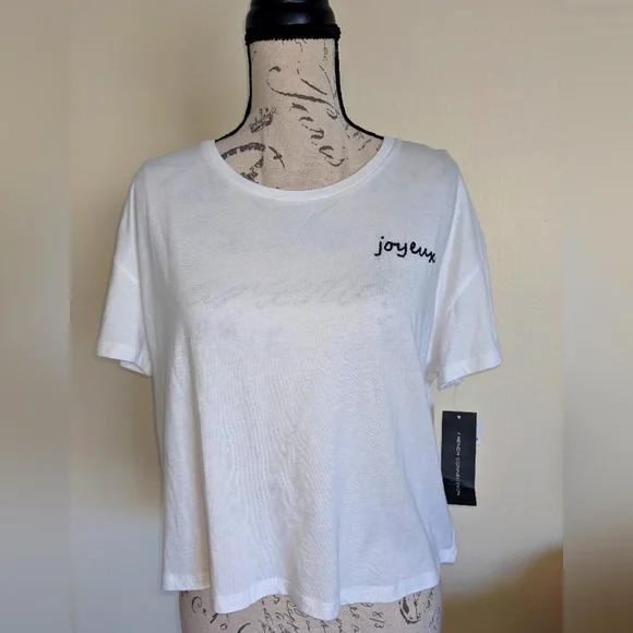 NWT FRENCH CONNECTION White Cotton T Shirt Joyeux SIZE MEDIUM - Picture 2 of 6